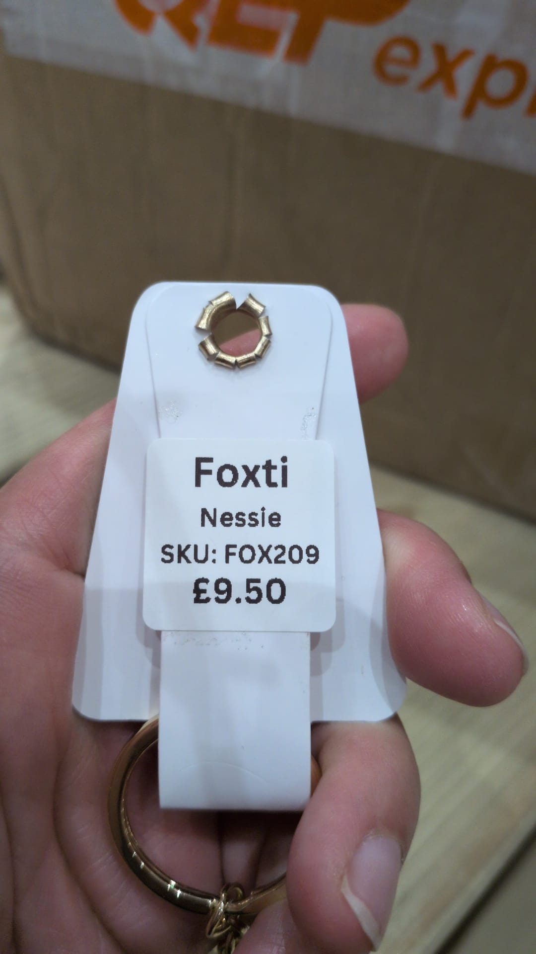Example label reading Foxti, Nessie, SKU: FOX209, £9.50